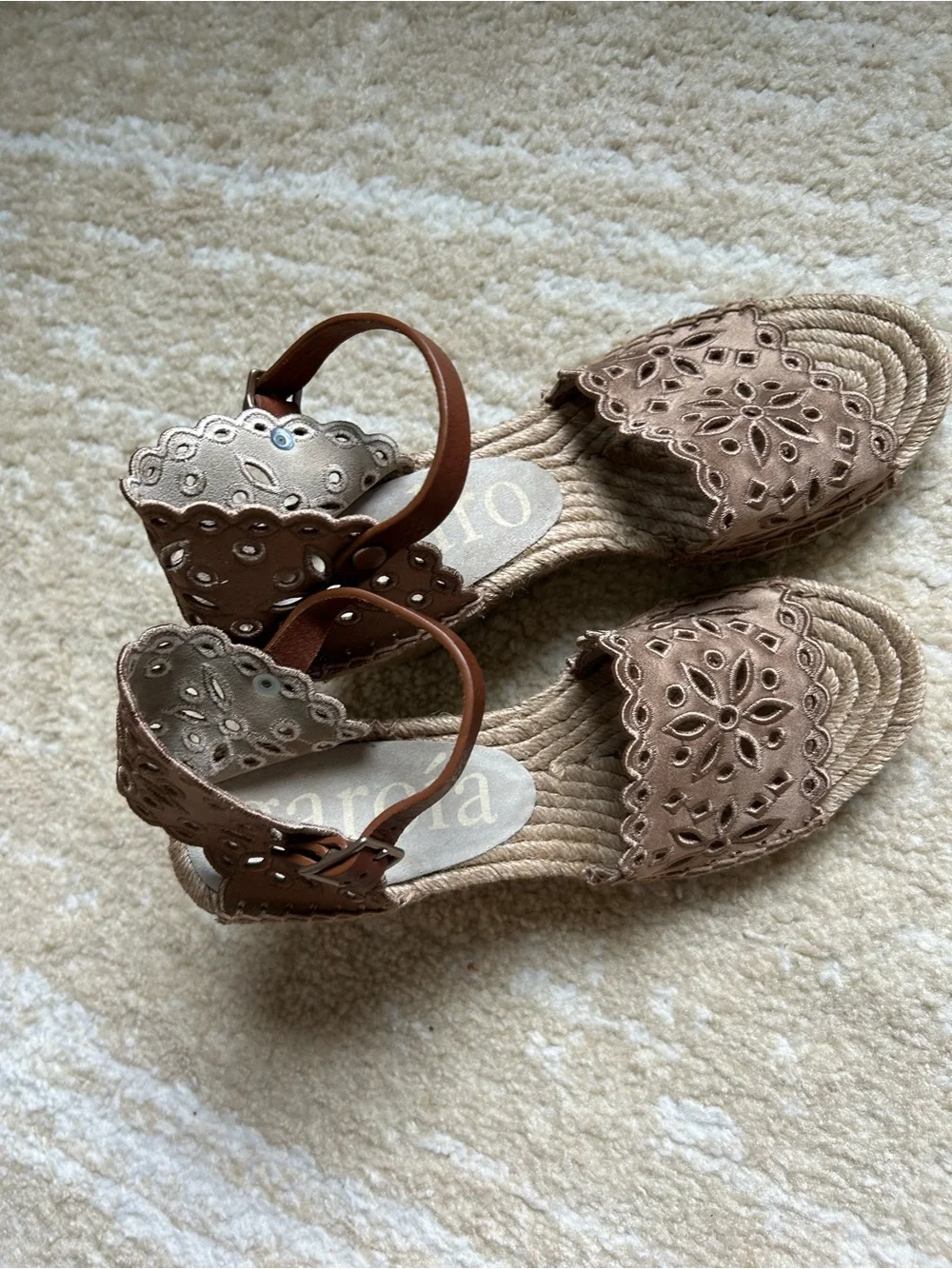 Pedro Garcia Orito Satin Eyelet Espadrille Wedge Sandals Taupe EU 38